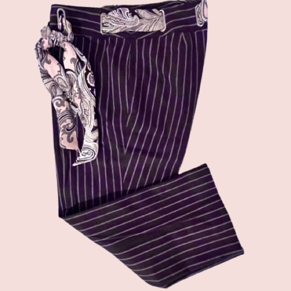 Michael Kors Rich Brown and White Pin Stripe Capri Dress Pants with Paisley Belt